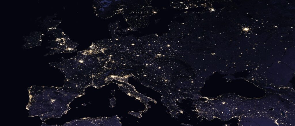 Satellite view of Europe at night, its cities lit